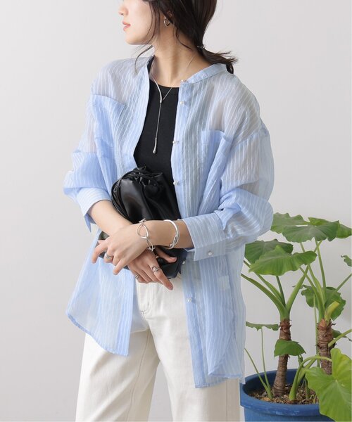 S/M/L展開パールボタンシアーストライプシャツ
