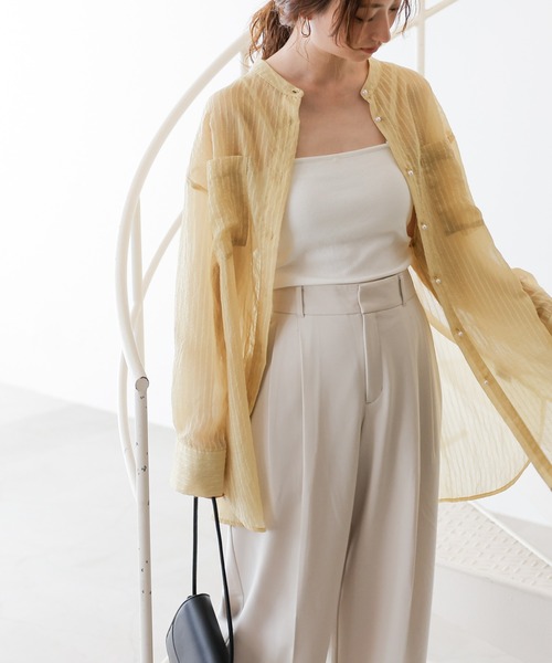 S/M/L展開パールボタンシアーストライプシャツ