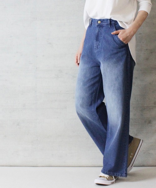 atONE(アットワン)の「atONE デニムワイドストレートパンツ(デニムパンツ・レディース・ブルー/ワンウォッシュ/ネイビー・M/L/3L/LL/4L)」の12枚目の写真