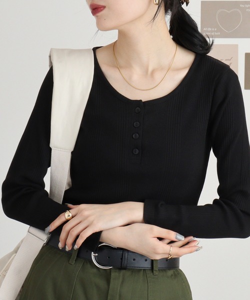 セール】atONE ランダムリブヘンリーネックTシャツ 長袖（Tシャツ