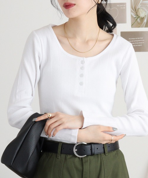 atONE（アットワン）の「atONE ランダムリブヘンリーネックTシャツ 長袖（Tシャツ/カットソー・レディース・ブラック/ホワイト/杢グレー・LL/3L/L/4L/M）」の22枚目の写真