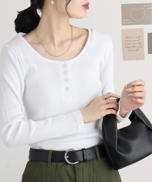 atONE（アットワン）の「atONE ランダムリブヘンリーネックTシャツ 長袖（Tシャツ/カットソー・レディース・ブラック/ホワイト/杢グレー・LL/3L/L/4L/M）」の21枚目の写真