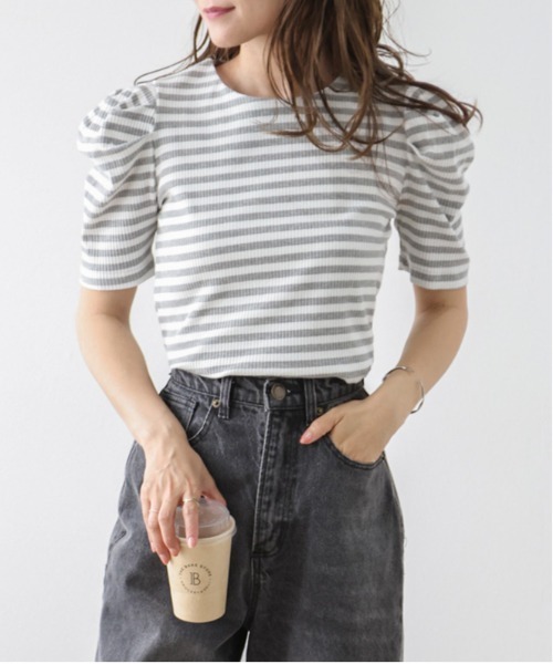 La-gemme(ラジェム)の「ボーダーリブカットソー(Tシャツ/カットソー・レディース・グレー×ホワイト/パープル系その他/ブラック×ホワイト/ブラック系2/グレー系2/ホワイト系2/パープル系2・フリー)」の5枚目の写真