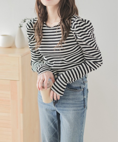 La-gemme(ラジェム)の「ボーダーリブカットソー(Tシャツ/カットソー・レディース・グレー×ホワイト/パープル系その他/ブラック×ホワイト/ブラック系2/グレー系2/ホワイト系2/パープル系2・フリー)」の18枚目の写真
