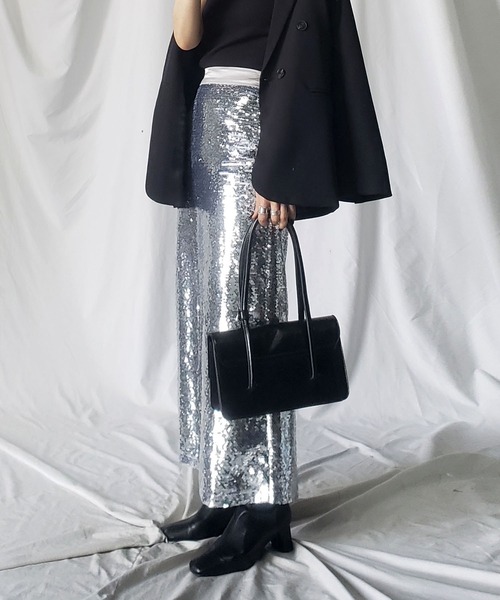 スカート mame00ome メタリックスパンコールタイトロングスカート【 裏地付き 】（スカート