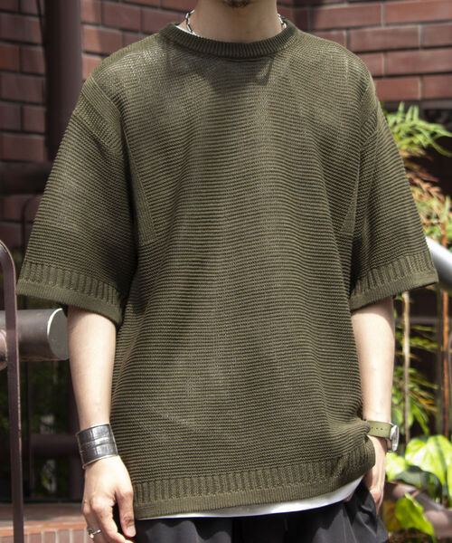 GLOSTER（グロスター）の「【GLOSTER/グロスター】ローゲージ ガンジーニットTシャツ メッシュニット サマーニット（Tシャツ/カットソー・メンズ・オリーブ/ブラック/ホワイト・L/M/S）」の3枚目の写真