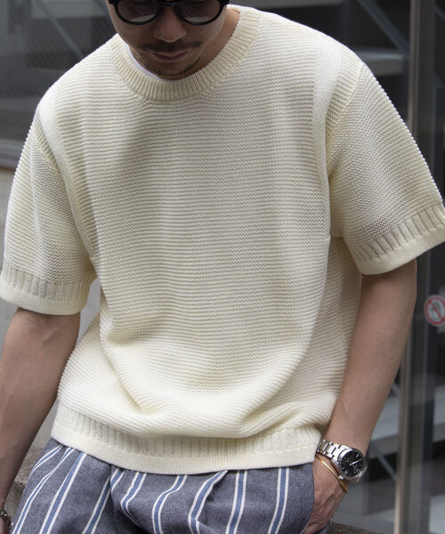 GLOSTER（グロスター）の「【GLOSTER/グロスター】ローゲージ ガンジーニットTシャツ メッシュニット サマーニット（Tシャツ/カットソー・メンズ・オリーブ/ブラック/ホワイト・L/M/S）」の5枚目の写真