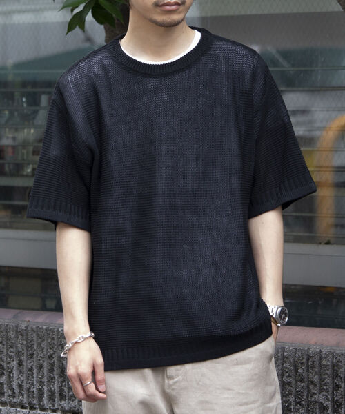 GLOSTER（グロスター）の「【GLOSTER/グロスター】ローゲージ ガンジーニットTシャツ メッシュニット サマーニット（Tシャツ/カットソー・メンズ・オリーブ/ブラック/ホワイト・L/M/S）」の7枚目の写真