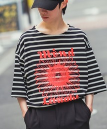 improves | 【UAU】Mind Laught フラワープリント ボーダー 五分袖 Tシャツ(Tシャツ/カットソー)