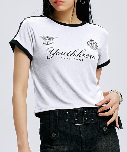 YOUTHKREW（ユースクルー）の「YOUTHKREW／ラインエンブレムT  2970888（Tシャツ/カットソー・レディース・ホワイト/ピンク/グリーン・FREE）」の2枚目の写真