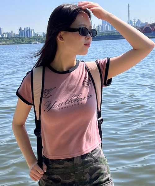 YOUTHKREW（ユースクルー）の「YOUTHKREW／ラインエンブレムT  2970888（Tシャツ/カットソー・レディース・ホワイト/ピンク/グリーン・FREE）」の4枚目の写真