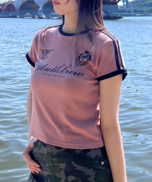 YOUTHKREW（ユースクルー）の「YOUTHKREW／ラインエンブレムT  2970888（Tシャツ/カットソー・レディース・ホワイト/ピンク/グリーン・FREE）」の7枚目の写真