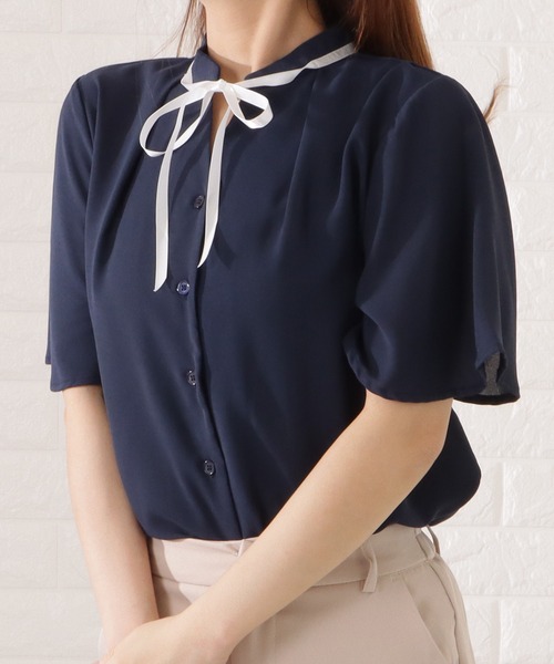 Lace Ladies（レースレディース）の「タック入り半袖ボタンブラウス（シャツ/ブラウス・レディース・ブラック/ベージュ/ネイビー/グレー・S/FREE）」の13枚目の写真