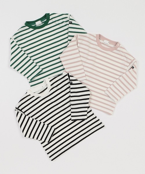 petit main（プティマイン）の「【& Re】厚天竺ボーダーＴ（Tシャツ/カットソー・キッズ・オフホワイト/ライトピンク/グリーン/オレンジ/ベージュ/ブラック・80ｃｍ/90cm/100cm/110cm/120cm/130cm）」の7枚目の写真