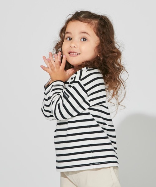 petit main（プティマイン）の「【& Re】厚天竺ボーダーＴ（Tシャツ/カットソー・キッズ・オフホワイト/ライトピンク/グリーン/オレンジ/ベージュ/ブラック・80ｃｍ/90cm/100cm/110cm/120cm/130cm）」の14枚目の写真