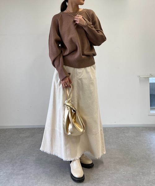 un dix cors（アンディコール）の「袖畦クルーネックニット（ニット/セーター・レディース・モカ/アイボリー/レッド・FREE）」の14枚目の写真