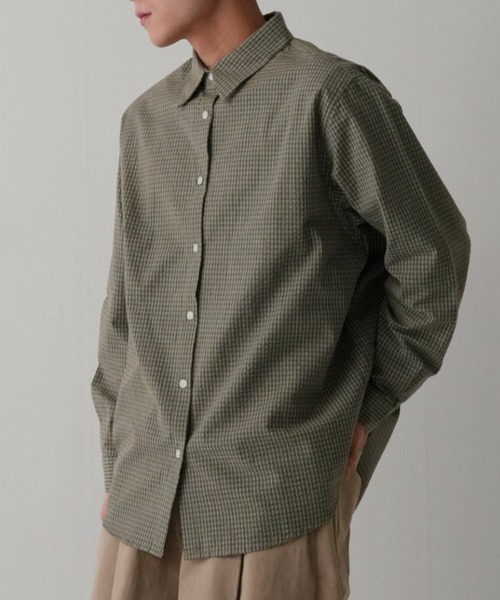 Bargiee（バージー）の「ダブル ライン チェック シャツ 長袖 ユニセックス（シャツ/ブラウス・レディース・カーキ/ネイビー・FREE）」の2枚目の写真