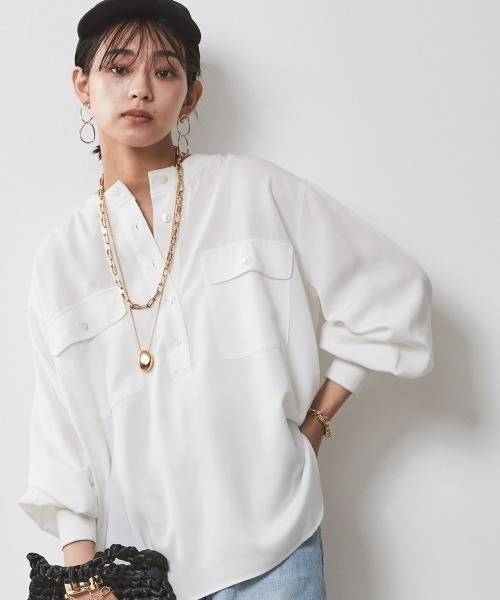 CHIC STYLE（シックスタイル）の「衿リブブラウス ＜大きいサイズ有＞シックスタイル（シャツ/ブラウス・レディース・オフホワイト/ネイビー/ライトベージュ/ブラック・LL/4L/3L/L/5L/M）」の14枚目の写真