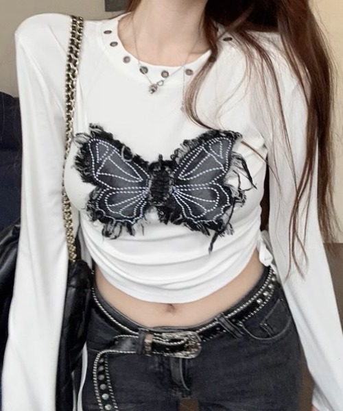 .KOM（ドットコム）の「A'GEM/9 × .kom 『.KOM/ドットケーオーエム』 バタフライ長袖カットソー（Tシャツ/カットソー・レディース・ホワイト/ブラック・S）」の5枚目の写真