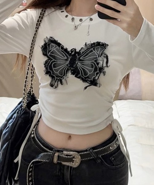 .KOM（ドットコム）の「A'GEM/9 × .kom 『.KOM/ドットケーオーエム』 バタフライ長袖カットソー（Tシャツ/カットソー・レディース・ホワイト/ブラック・S）」の6枚目の写真