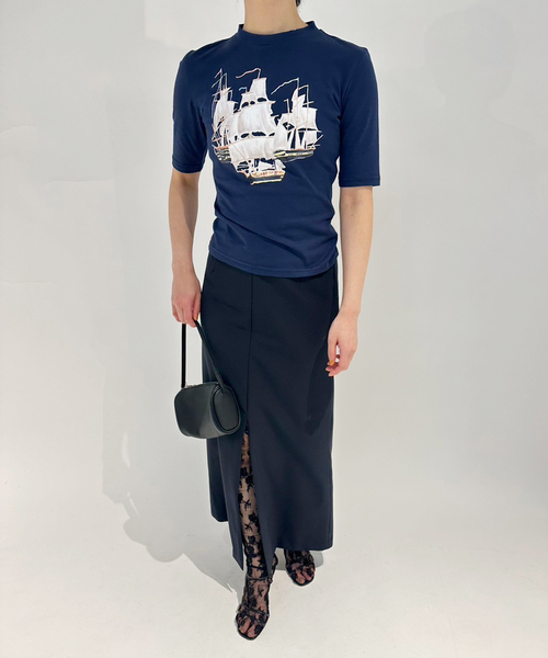 EDIT. FOR LULU（エディットフォールル）の「【YUHAN WANG/ユハン ワン】sailboats printed top（Tシャツ/カットソー・レディース・ネイビー・SMALL）」の2枚目の写真