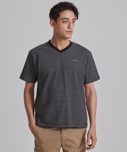 Eddie Bauer(エディーバウアー)の「ランダムボーダー 半袖VネックTシャツ(Tシャツ/カットソー・メンズ・ブラック/ホワイト/ダークベージュ/グレイッシュブルー・S/M/L/XL/XXL)」の2枚目の写真