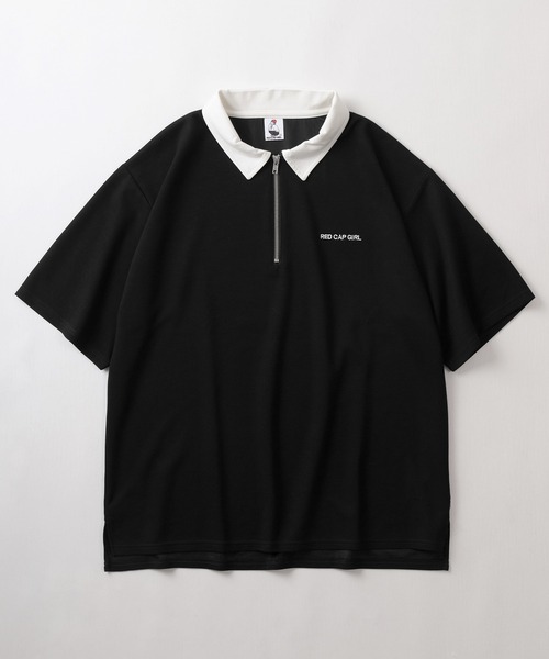 Red Cap Girl（レッドキャプガール）の「【Red Cap Girl／レッドキャップガール】ワンポイント刺繍＆バックBIGガールイラストデザイン ポンチ半袖ハーフジップ/ビッグシルエット/接触冷感（ポロシャツ・メンズ・ホワイト/ブラック/サックスブルー・M/L）」の8枚目の写真