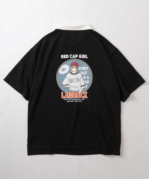 Red Cap Girl（レッドキャプガール）の「【Red Cap Girl／レッドキャップガール】ワンポイント刺繍＆バックBIGガールイラストデザイン ポンチ半袖ハーフジップ/ビッグシルエット/接触冷感（ポロシャツ・メンズ・ホワイト/ブラック/サックスブルー・M/L）」の9枚目の写真
