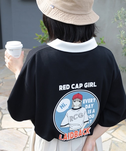 Red Cap Girl（レッドキャプガール）の「【Red Cap Girl／レッドキャップガール】ワンポイント刺繍＆バックBIGガールイラストデザイン ポンチ半袖ハーフジップ/ビッグシルエット/接触冷感（ポロシャツ・メンズ・ホワイト/ブラック/サックスブルー・M/L）」の17枚目の写真