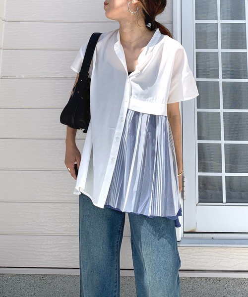 Q(キュー)の「チュール切替ブラウス(シャツ/ブラウス・レディース・ブラック/ホワイト/ホワイト系その他/チャコールグレー・MEDIUM)」の2枚目の写真