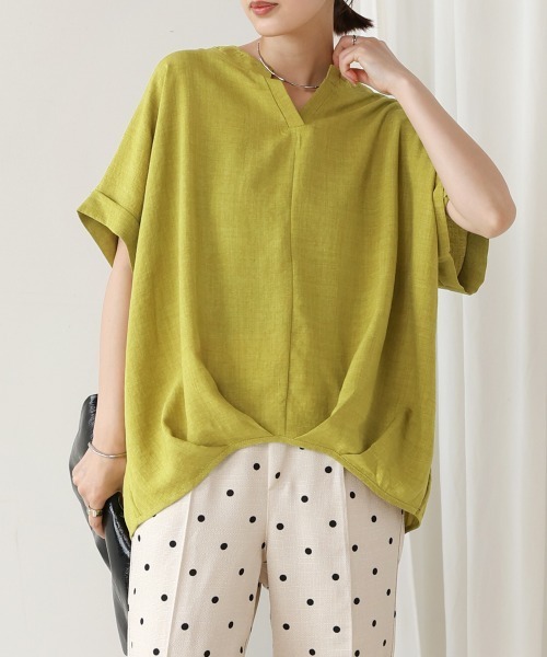 Bou Jeloud（ブージュルード）の「麻ライクキーネックブラウス（シャツ/ブラウス・レディース・イエロー/ネイビー/グリーン/ホワイト・FREE）」の4枚目の写真