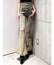 GYDA | 【SETUP着用可】ハイウエストボタンUSEDケミカルウォッシュストレッチフレアデニムパンツ(デニムパンツ)