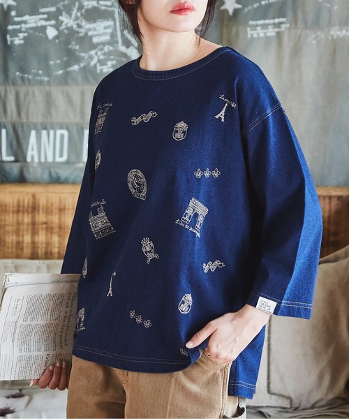 セール】インディゴカットソー8分袖刺繍クルーネックTシャツ（Tシャツ 