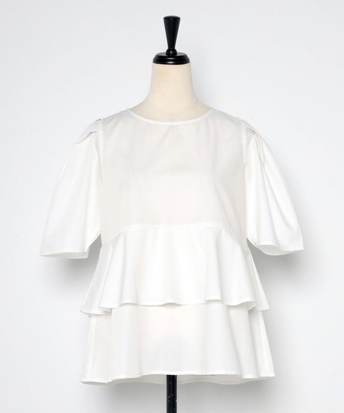 【セール】袖タックペプラムブラウス×フロントスリットパンツセットアップ（パンツドレス）｜Bonjour Sagan（ボンジュールサガン）