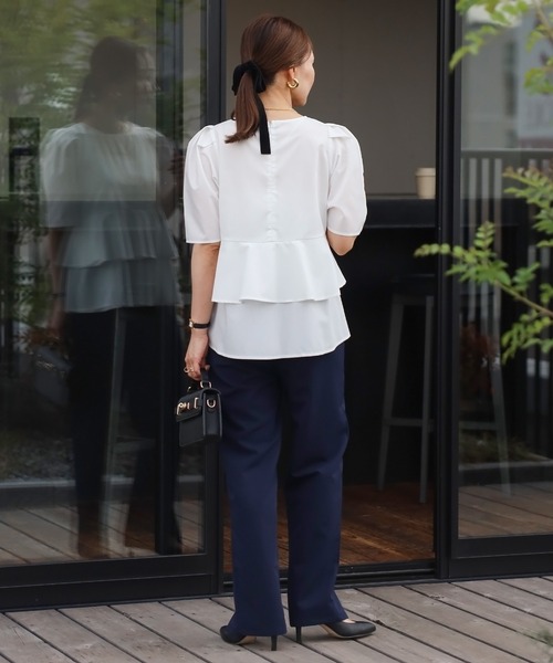 【セール】袖タックペプラムブラウス×フロントスリットパンツセットアップ（パンツドレス）｜Bonjour Sagan（ボンジュールサガン）