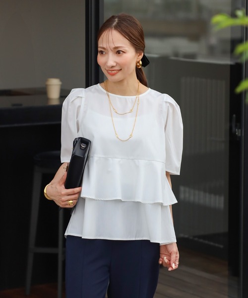 【セール】袖タックペプラムブラウス×フロントスリットパンツセットアップ（パンツドレス）｜Bonjour Sagan（ボンジュールサガン）