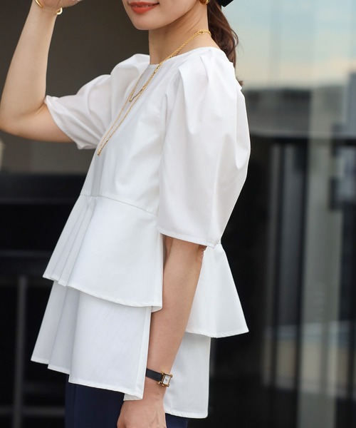 【セール】袖タックペプラムブラウス×フロントスリットパンツセットアップ（パンツドレス）｜Bonjour Sagan（ボンジュールサガン）