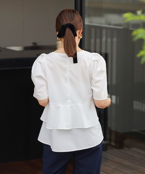 【セール】袖タックペプラムブラウス×フロントスリットパンツセットアップ（パンツドレス）｜Bonjour Sagan（ボンジュールサガン）