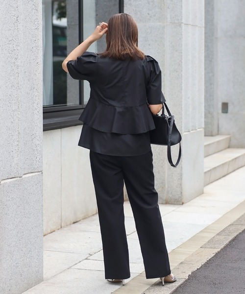 【セール】袖タックペプラムブラウス×フロントスリットパンツセットアップ（パンツドレス）｜Bonjour Sagan（ボンジュールサガン）