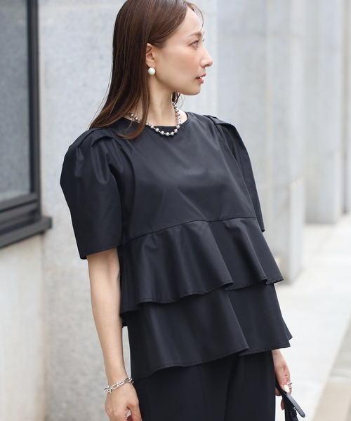 【セール】袖タックペプラムブラウス×フロントスリットパンツセットアップ（パンツドレス）｜Bonjour Sagan（ボンジュールサガン）