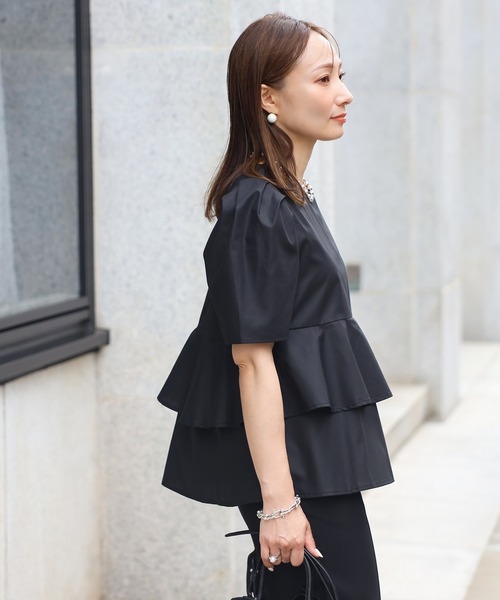 【セール】袖タックペプラムブラウス×フロントスリットパンツセットアップ（パンツドレス）｜Bonjour Sagan（ボンジュールサガン）