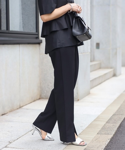 【セール】袖タックペプラムブラウス×フロントスリットパンツセットアップ（パンツドレス）｜Bonjour Sagan（ボンジュールサガン）