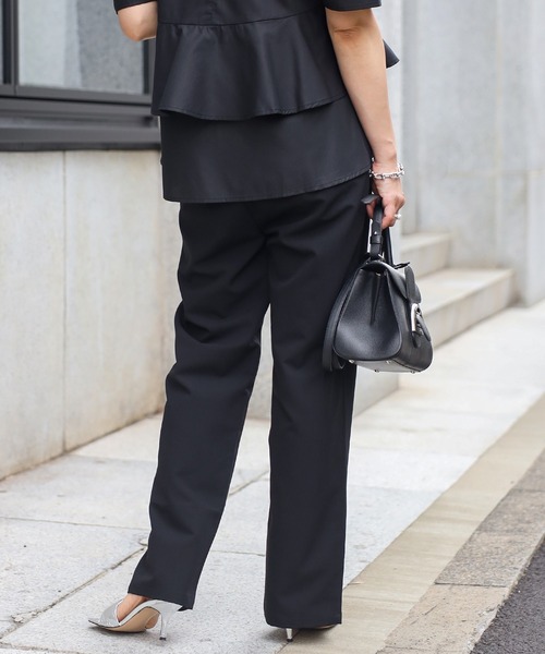 【セール】袖タックペプラムブラウス×フロントスリットパンツセットアップ（パンツドレス）｜Bonjour Sagan（ボンジュールサガン）