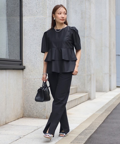 【セール】袖タックペプラムブラウス×フロントスリットパンツセットアップ（パンツドレス）｜Bonjour Sagan（ボンジュールサガン）