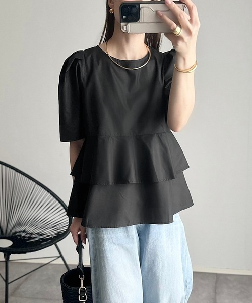 【セール】袖タックペプラムブラウス×フロントスリットパンツセットアップ（パンツドレス）｜Bonjour Sagan（ボンジュールサガン）