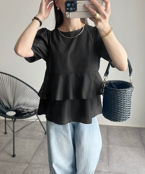 【セール】袖タックペプラムブラウス×フロントスリットパンツセットアップ（パンツドレス）｜Bonjour Sagan（ボンジュールサガン）