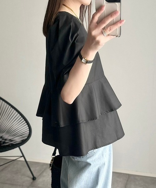 【セール】袖タックペプラムブラウス×フロントスリットパンツセットアップ（パンツドレス）｜Bonjour Sagan（ボンジュールサガン）