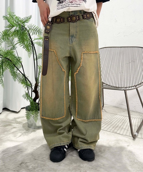 sedacle（セダクル）の「オーバーダイダブルニーフリンジデニム（デニムパンツ・メンズ・ダークインディゴブルー/インディゴブルー/ブラウン/ブラック・MEDIUM/SMALL/LARGE）」の3枚目の写真