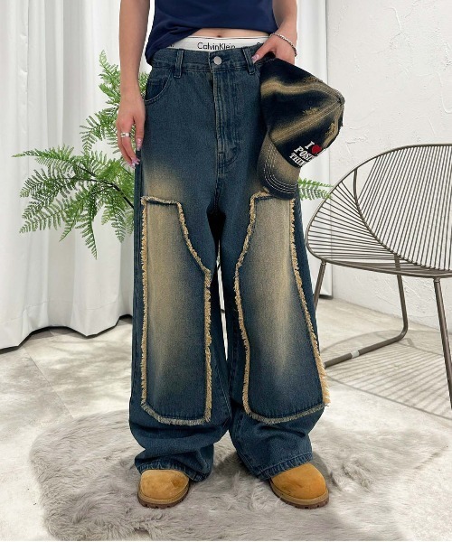 セール】オーバーダイダブルニーフリンジデニム（デニムパンツ