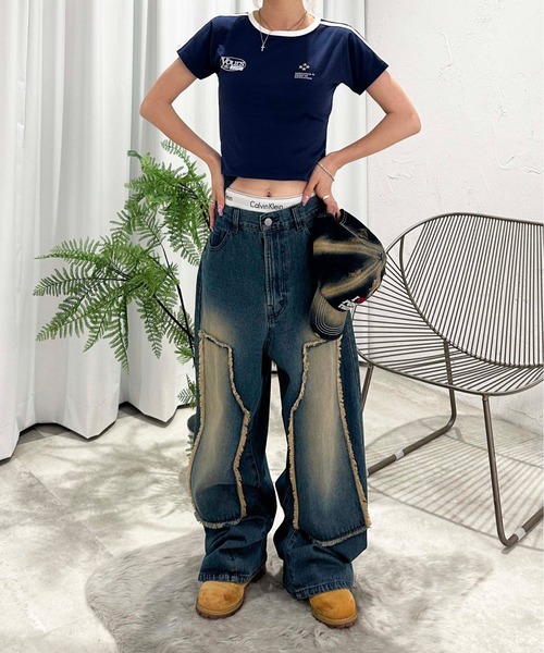 sedacle（セダクル）の「オーバーダイダブルニーフリンジデニム（デニムパンツ・メンズ・ダークインディゴブルー/インディゴブルー/ブラウン/ブラック・MEDIUM/SMALL/LARGE）」の7枚目の写真